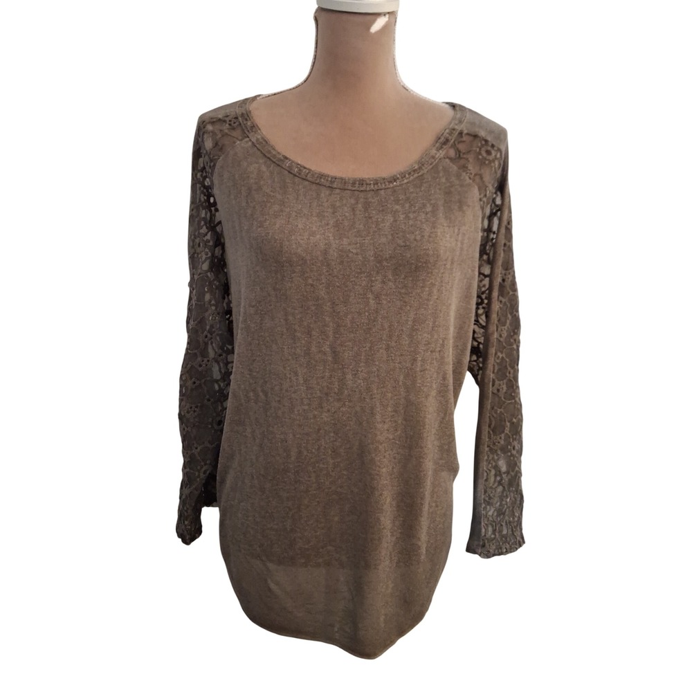 Flora Ashley Womens Taupe Brown Lace Long Sleeve Sequin Neck Knit Top Medium